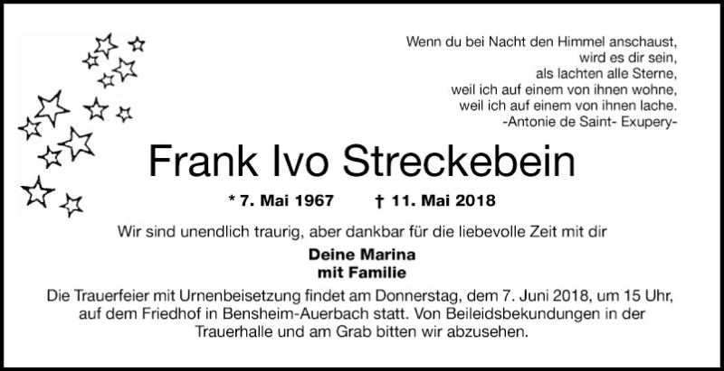  Traueranzeige für Frank Ivo Streckebein vom 26.05.2018 aus Mannheimer Morgen