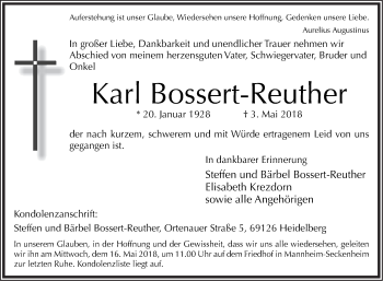 Traueranzeige von Karl Bossert-Reuther von Mannheimer Morgen