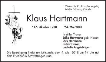 Traueranzeige von Klaus Hartmann von Schwetzinger Zeitung