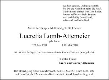 Traueranzeige von Lucretia Lomb-Attemeier von Mannheimer Morgen