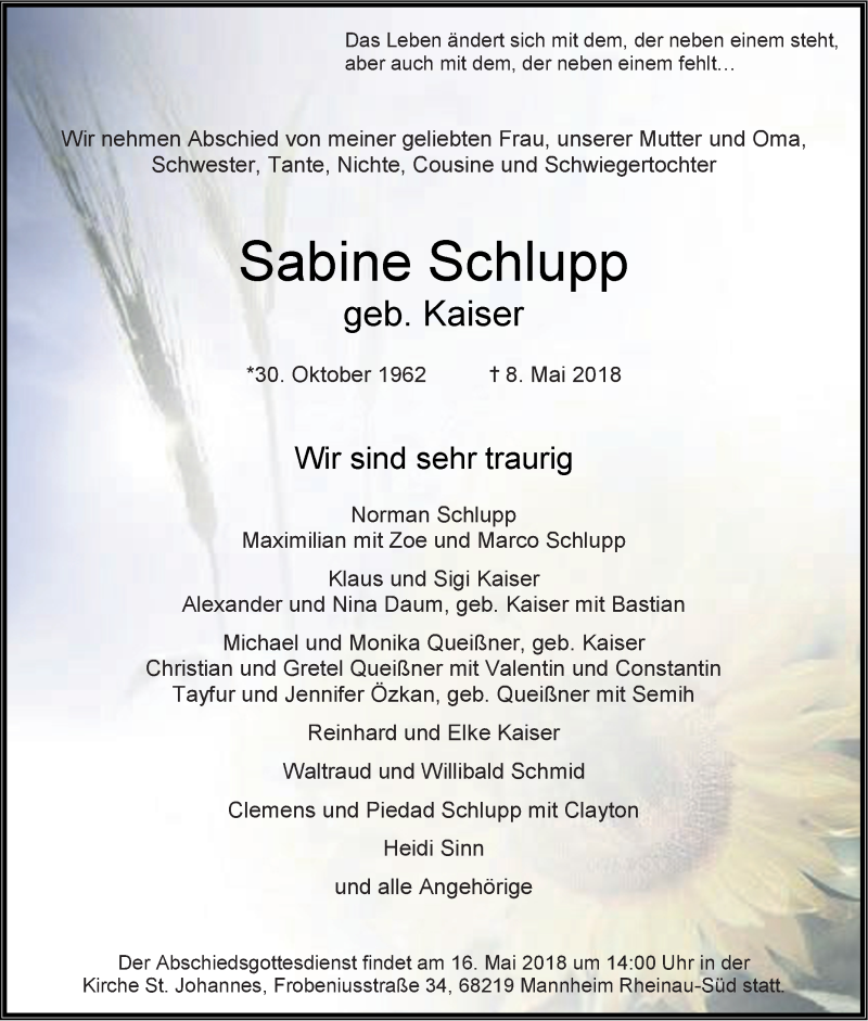 Traueranzeige für Sabine Schlupp vom 12.05.2018 aus Mannheimer Morgen