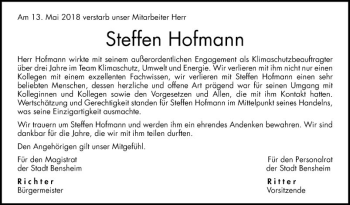 Traueranzeige von Steffen Hofmann von Bergsträßer Anzeiger