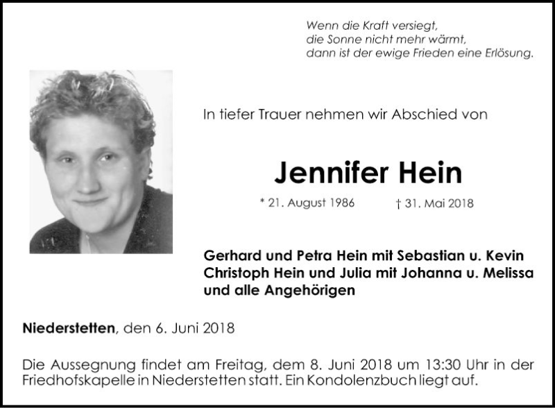  Traueranzeige für Jennifer Hein vom 06.06.2018 aus Fränkische Nachrichten