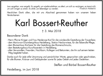 Traueranzeige von Karl Bossert-Reuther von Mannheimer Morgen