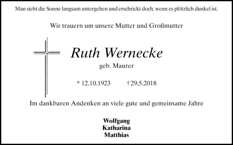  Traueranzeige für Ruth Wernecke vom 09.06.2018 aus Schwetzinger Zeitung