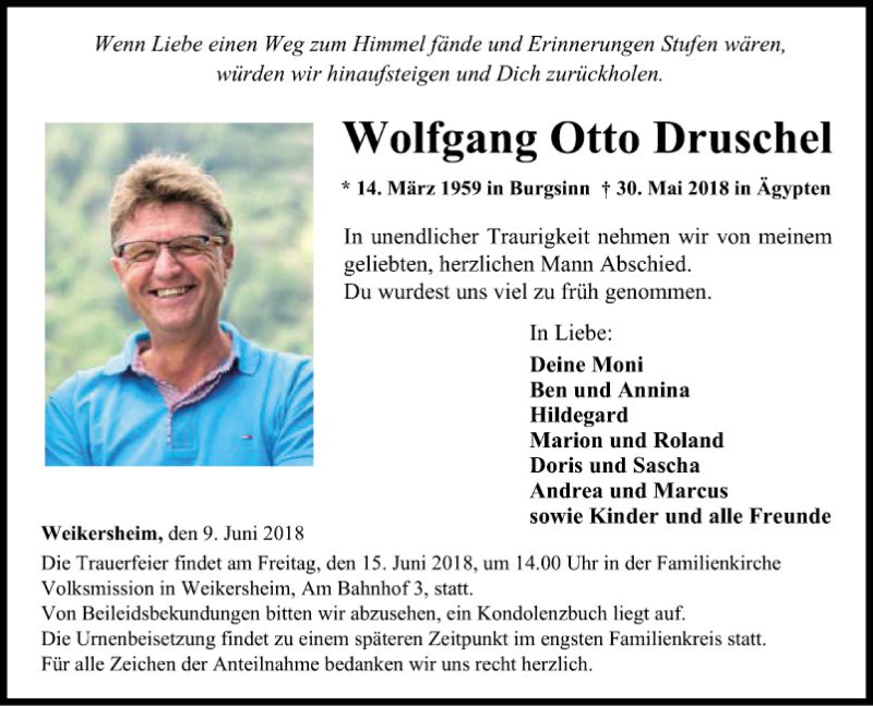  Traueranzeige für Wolfgang Otto Druschel vom 09.06.2018 aus Fränkische Nachrichten