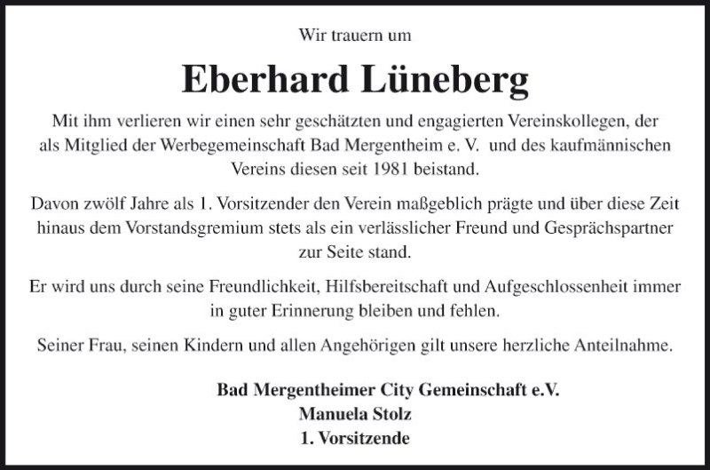  Traueranzeige für Eberhard Lüneberg vom 31.07.2018 aus Fränkische Nachrichten