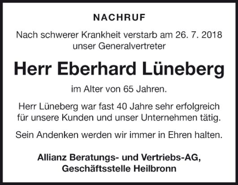  Traueranzeige für Eberhard Lüneberg vom 01.08.2018 aus Fränkische Nachrichten