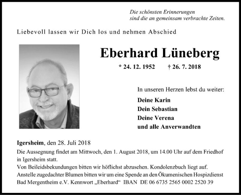  Traueranzeige für Eberhard Lüneberg vom 28.07.2018 aus Fränkische Nachrichten