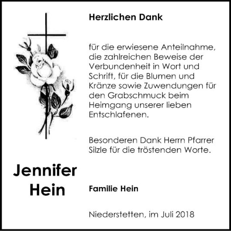  Traueranzeige für Jennifer Hein vom 04.07.2018 aus Fränkische Nachrichten