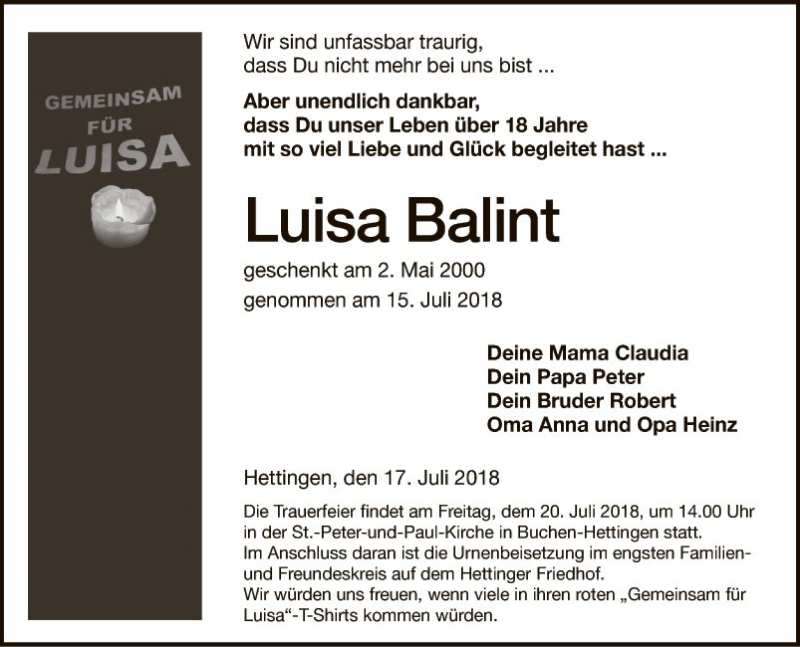 Traueranzeige für Luisa Balint vom 17.07.2018 aus Fränkische Nachrichten
