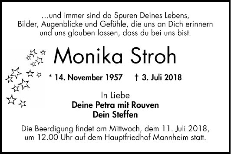  Traueranzeige für Monika Stroh vom 07.07.2018 aus Mannheimer Morgen