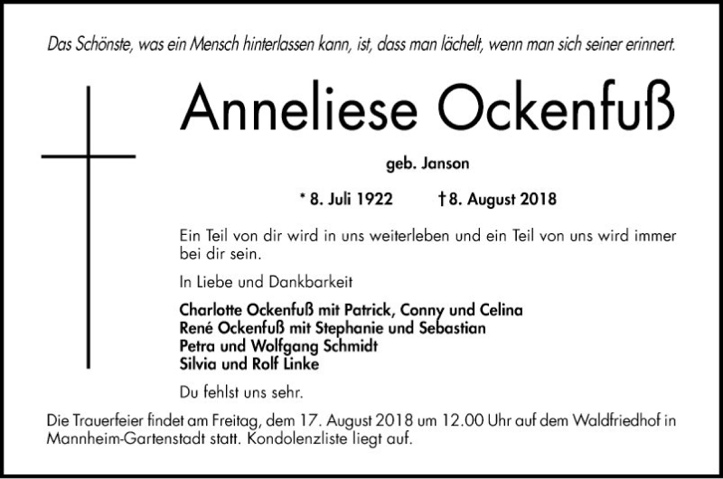  Traueranzeige für Anneliese Ockenfuß vom 11.08.2018 aus Mannheimer Morgen