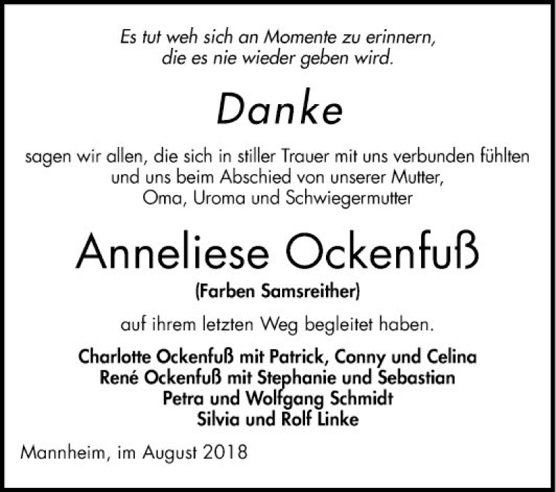  Traueranzeige für Anneliese Ockenfuß vom 01.09.2018 aus Mannheimer Morgen