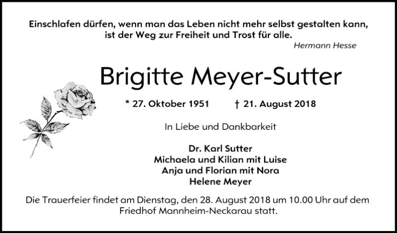  Traueranzeige für Brigitte Meyer-Sutter vom 25.08.2018 aus Mannheimer Morgen