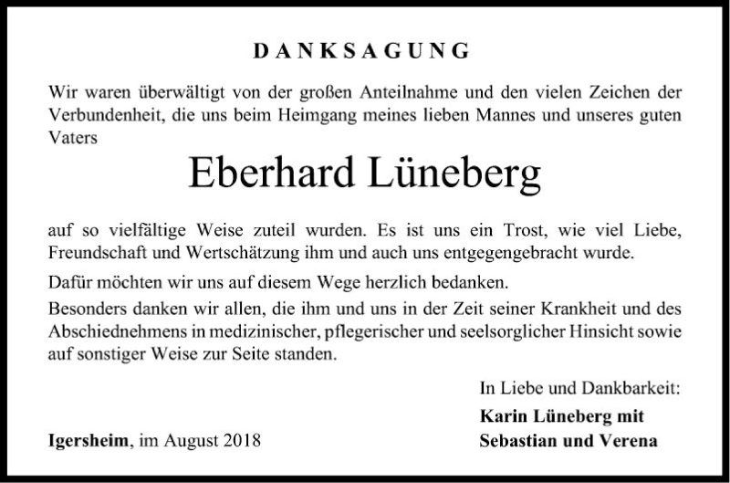  Traueranzeige für Eberhard Lüneberg vom 25.08.2018 aus Fränkische Nachrichten