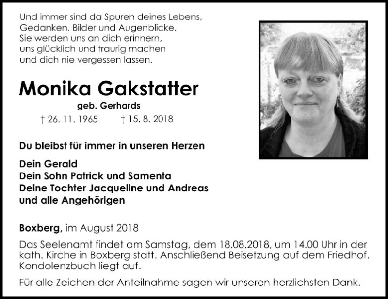  Traueranzeige für Monika Gakstatter vom 17.08.2018 aus Fränkische Nachrichten