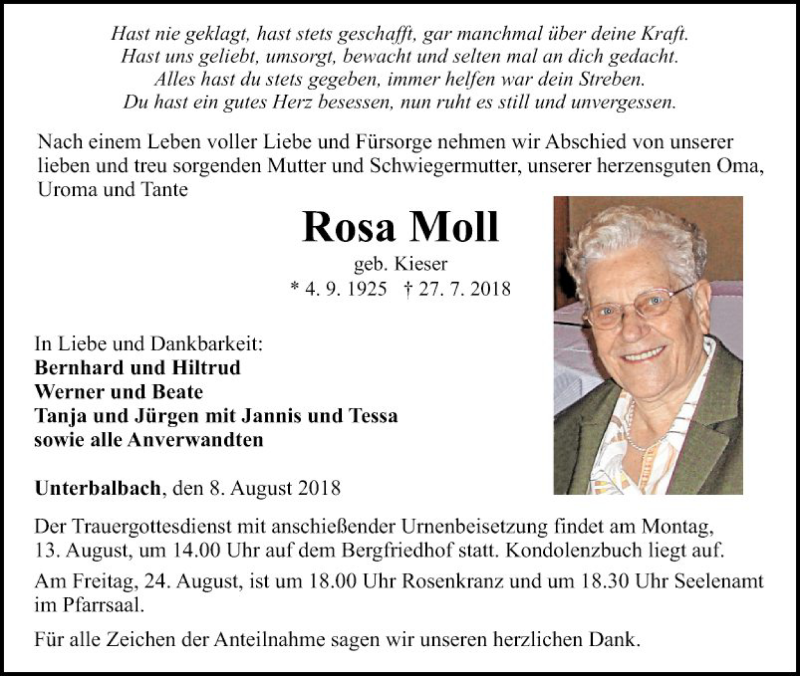  Traueranzeige für Rosa Moll vom 08.08.2018 aus Fränkische Nachrichten