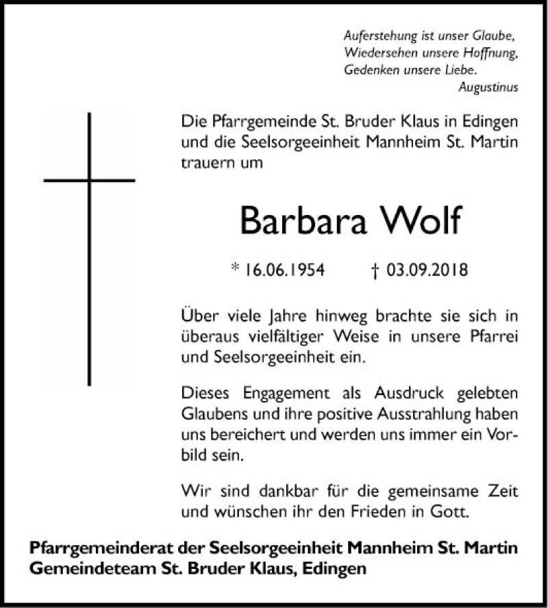  Traueranzeige für Barbara Wolf vom 08.09.2018 aus Mannheimer Morgen