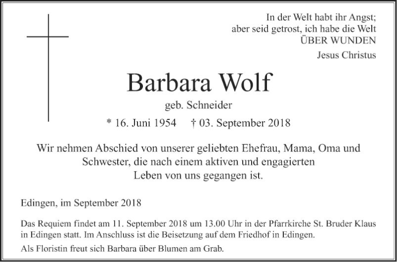  Traueranzeige für Barbara Wolf vom 07.09.2018 aus Mannheimer Morgen