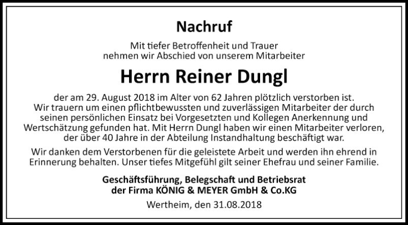  Traueranzeige für Reiner Dungl vom 04.09.2018 aus Fränkische Nachrichten