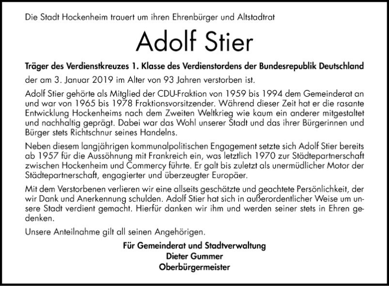  Traueranzeige für Adolf Stier vom 11.01.2019 aus Schwetzinger Zeitung