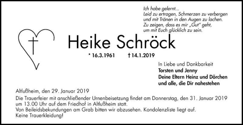  Traueranzeige für Heike Schröck vom 29.01.2019 aus Schwetzinger Zeitung