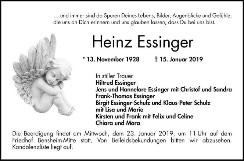  Traueranzeige für Heinz Essinger vom 19.01.2019 aus Bergsträßer Anzeiger