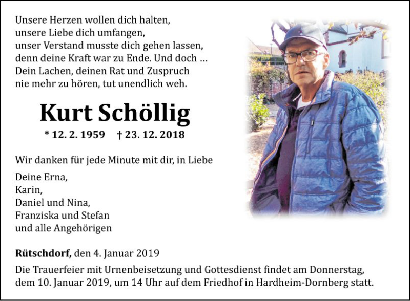  Traueranzeige für Kurt Schöllig vom 04.01.2019 aus Fränkische Nachrichten