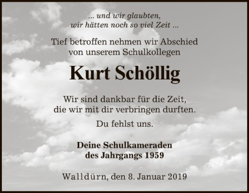  Traueranzeige für Kurt Schöllig vom 08.01.2019 aus Fränkische Nachrichten