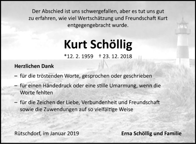  Traueranzeige für Kurt Schöllig vom 26.01.2019 aus Fränkische Nachrichten