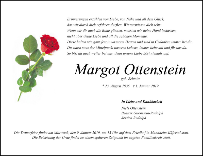  Traueranzeige für Margot Ottenstein vom 05.01.2019 aus Mannheimer Morgen