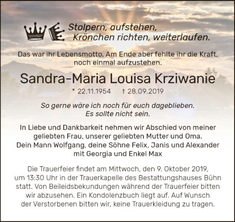  Traueranzeige für Sandra-Maria Krziwanie vom 05.10.2019 aus Mannheimer Morgen