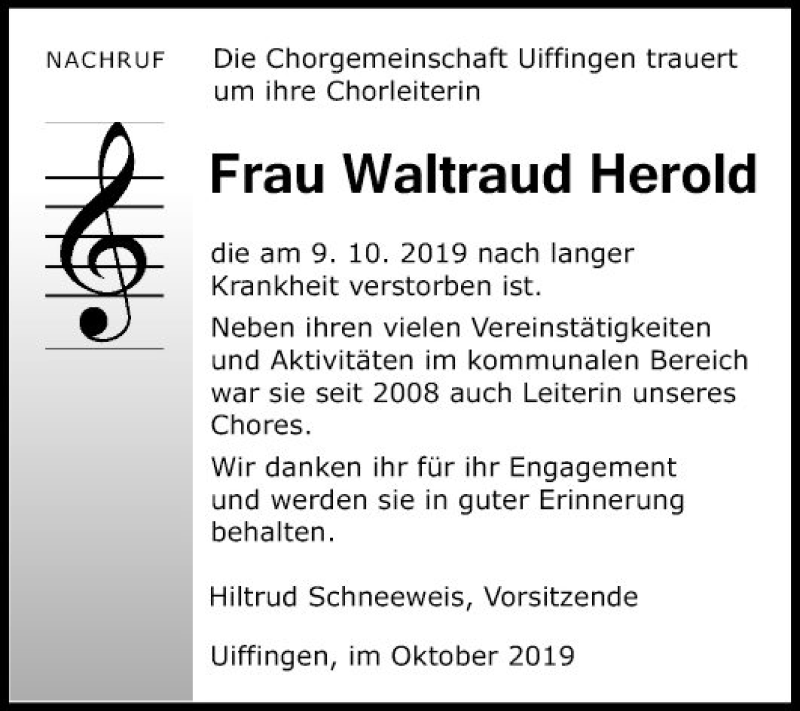  Traueranzeige für Waltraud Herold vom 18.10.2019 aus Fränkische Nachrichten