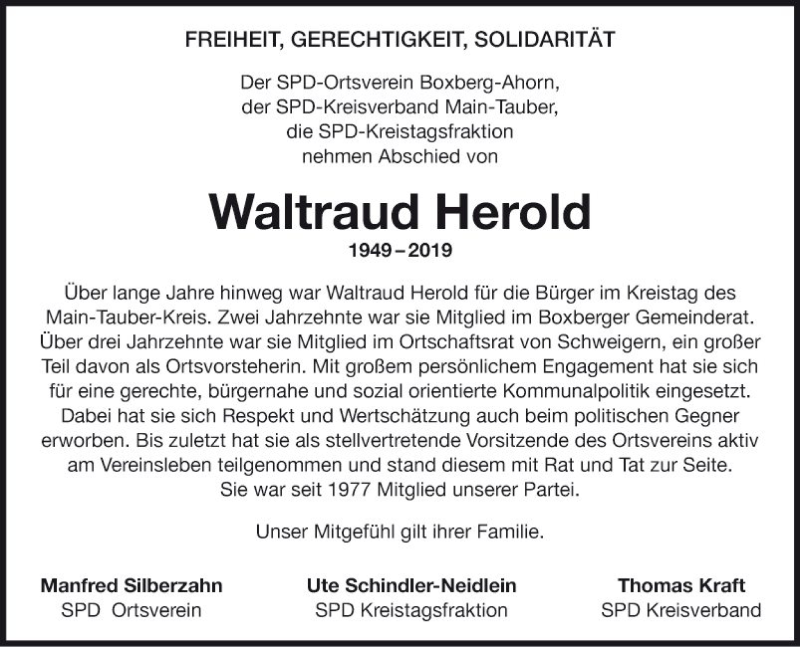  Traueranzeige für Waltraud Herold vom 17.10.2019 aus Fränkische Nachrichten