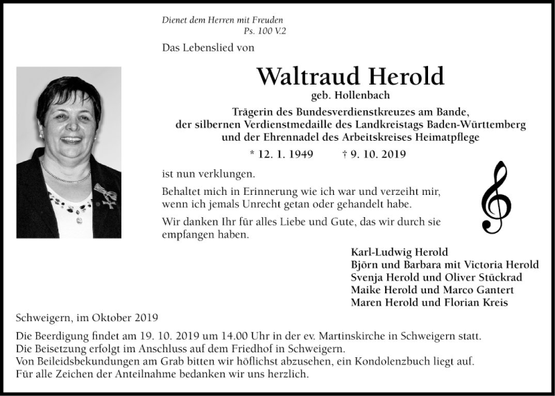  Traueranzeige für Waltraud Herold vom 12.10.2019 aus Fränkische Nachrichten