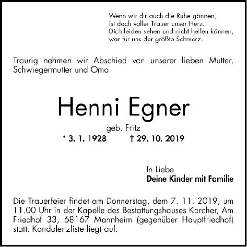  Traueranzeige für Henni Egner vom 02.11.2019 aus Mannheimer Morgen