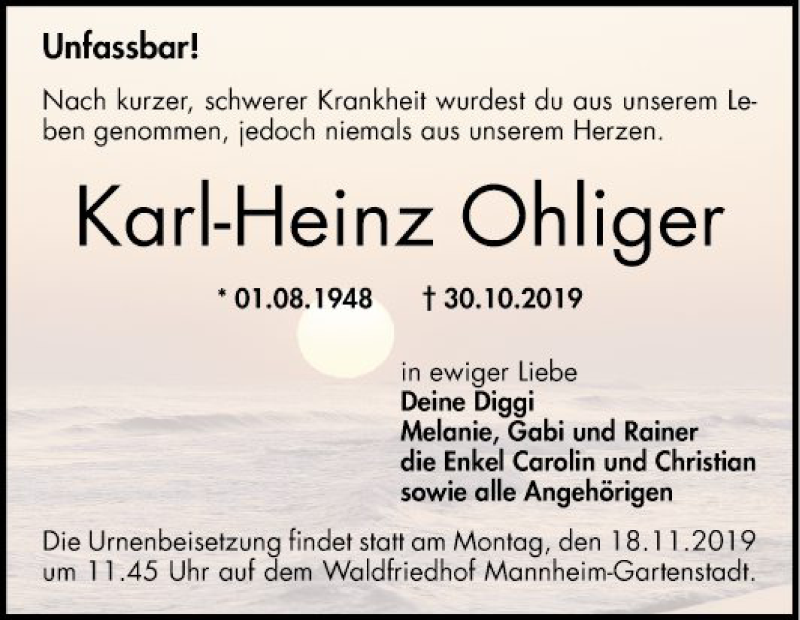  Traueranzeige für Karl-Heinz Ohliger vom 09.11.2019 aus Mannheimer Morgen