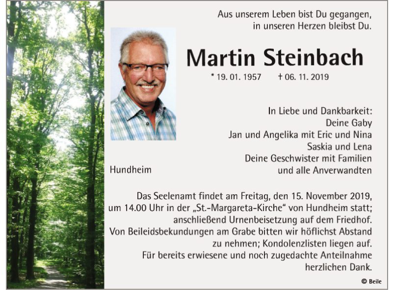  Traueranzeige für Martin Steinbach vom 09.11.2019 aus Fränkische Nachrichten