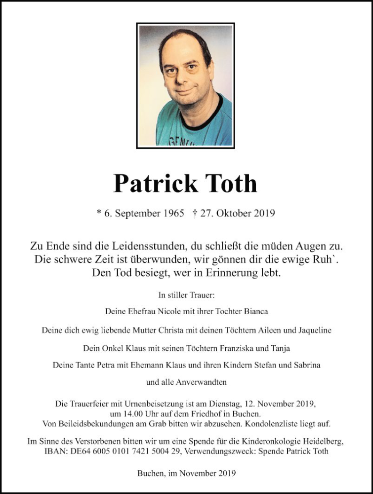  Traueranzeige für Patrick Toth vom 08.11.2019 aus Fränkische Nachrichten