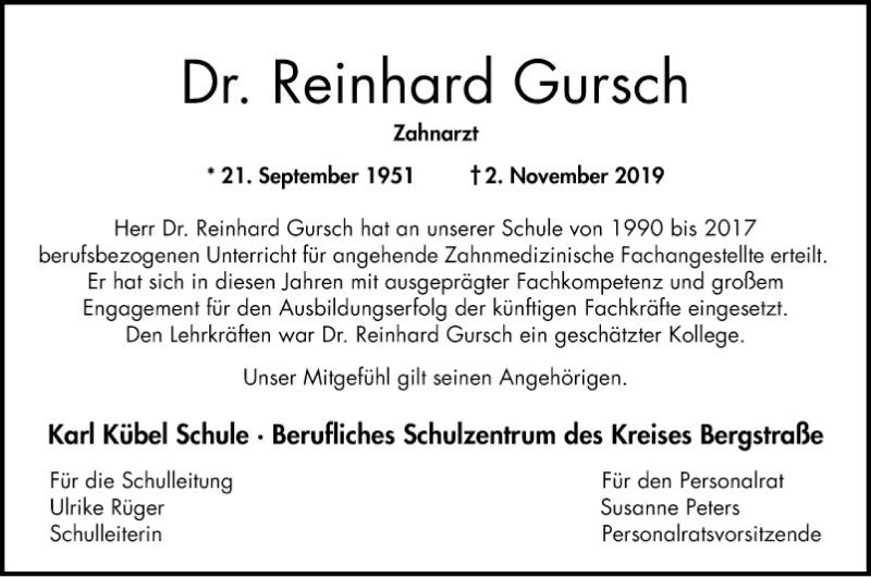  Traueranzeige für Reinhard Gursch vom 08.11.2019 aus Bergsträßer Anzeiger