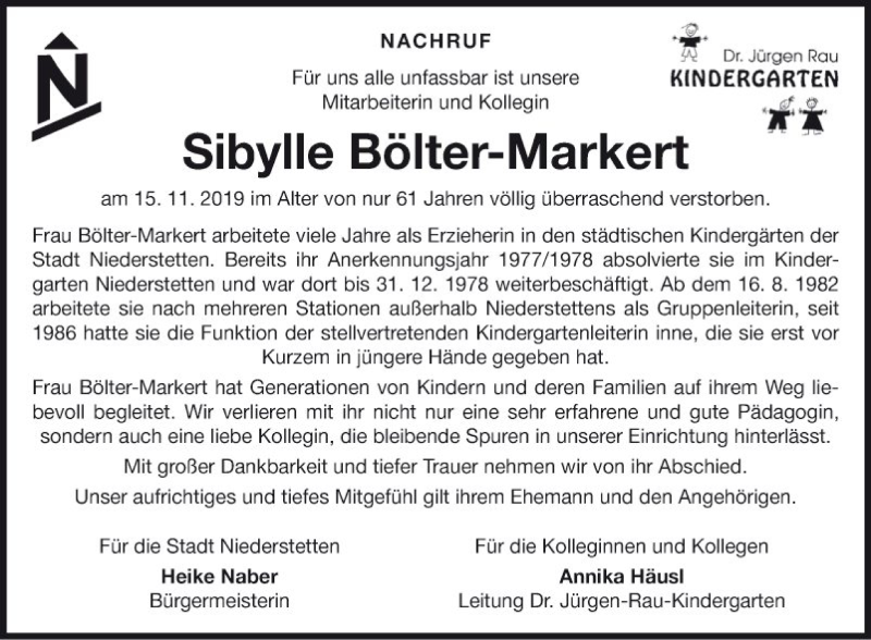  Traueranzeige für Sibylle Bölter-Markert vom 19.11.2019 aus Fränkische Nachrichten