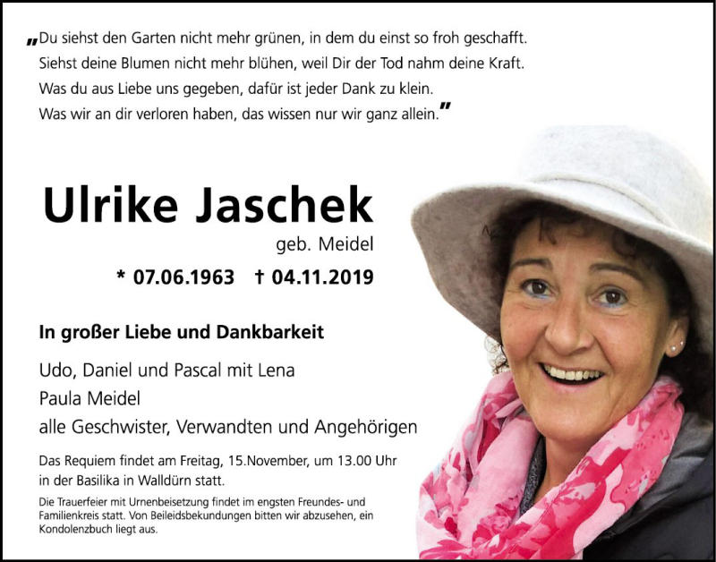  Traueranzeige für Ulrike Jaschek vom 11.11.2019 aus Fränkische Nachrichten