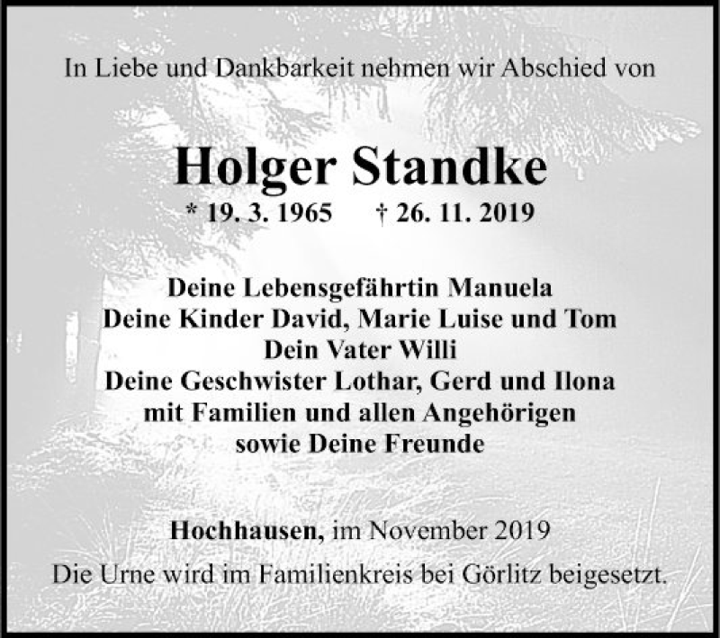  Traueranzeige für Holger Standke vom 30.11.2019 aus Fränkische Nachrichten