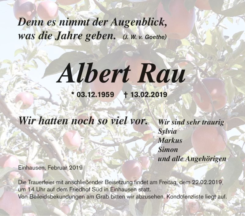  Traueranzeige für Albert Rau vom 21.02.2019 aus Bergsträßer Anzeiger