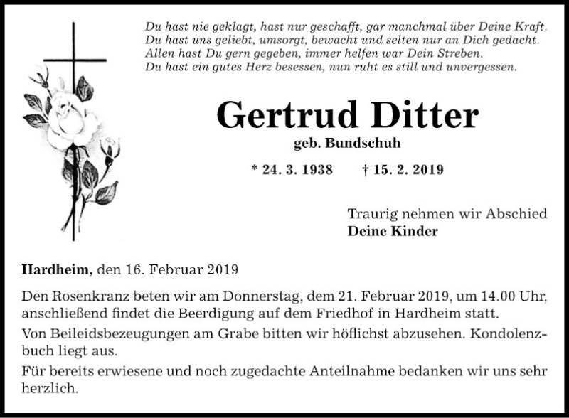  Traueranzeige für Gertrud Ditter vom 16.02.2019 aus Fränkische Nachrichten