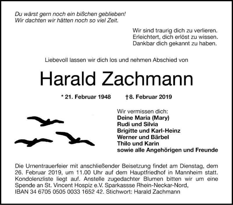  Traueranzeige für Harald Zachmann vom 16.02.2019 aus Mannheimer Morgen