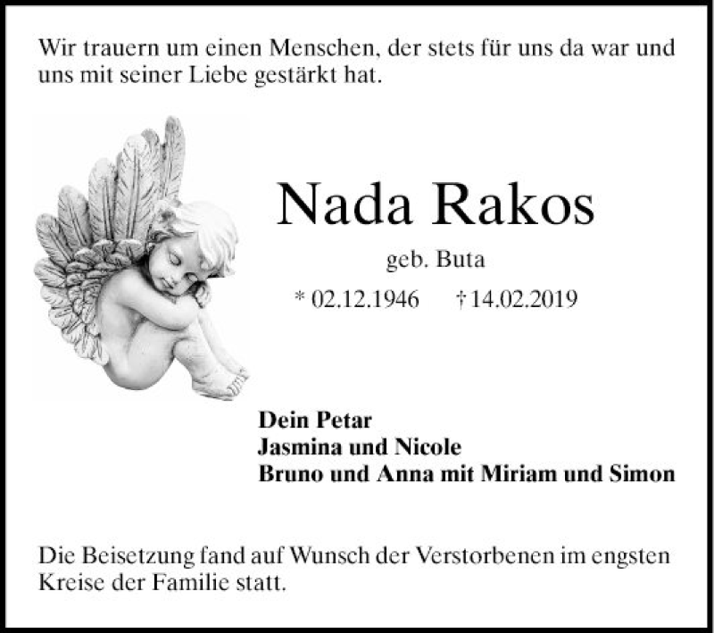  Traueranzeige für Nada Rakos vom 27.02.2019 aus Mannheimer Morgen