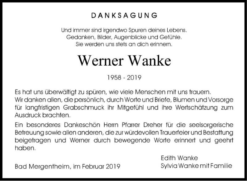  Traueranzeige für Werner Wanke vom 22.02.2019 aus Fränkische Nachrichten