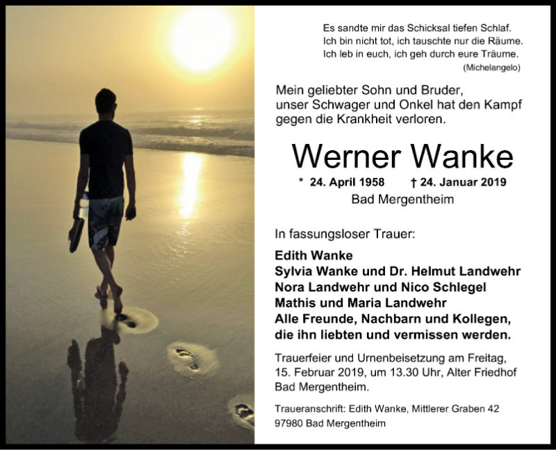  Traueranzeige für Werner Wanke vom 08.02.2019 aus Fränkische Nachrichten